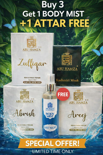 Premium Non-Alcoholic Perfume Combo – Abrish, Areej & Zulfiqar | Free Attar + Free Body Mist Spray